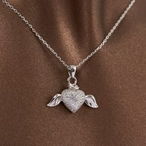 Zirkon Taşlı Kanatlı Kalp 925 Ayar Gümüş Kolye