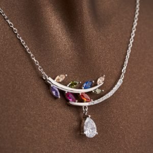 Renkli Yaprak Dalı Zirkon Damla Taşlı 925 Ayar Gümüş Kolye