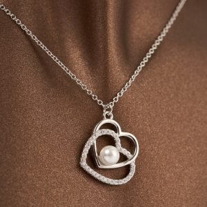 İnci ve Zirkon Taşlı Kalp 925 Ayar Gümüş Kolye