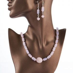 Handmade Gül Kuvars Taşı 925 Ayar Gümüş Kolye Ve Küpe